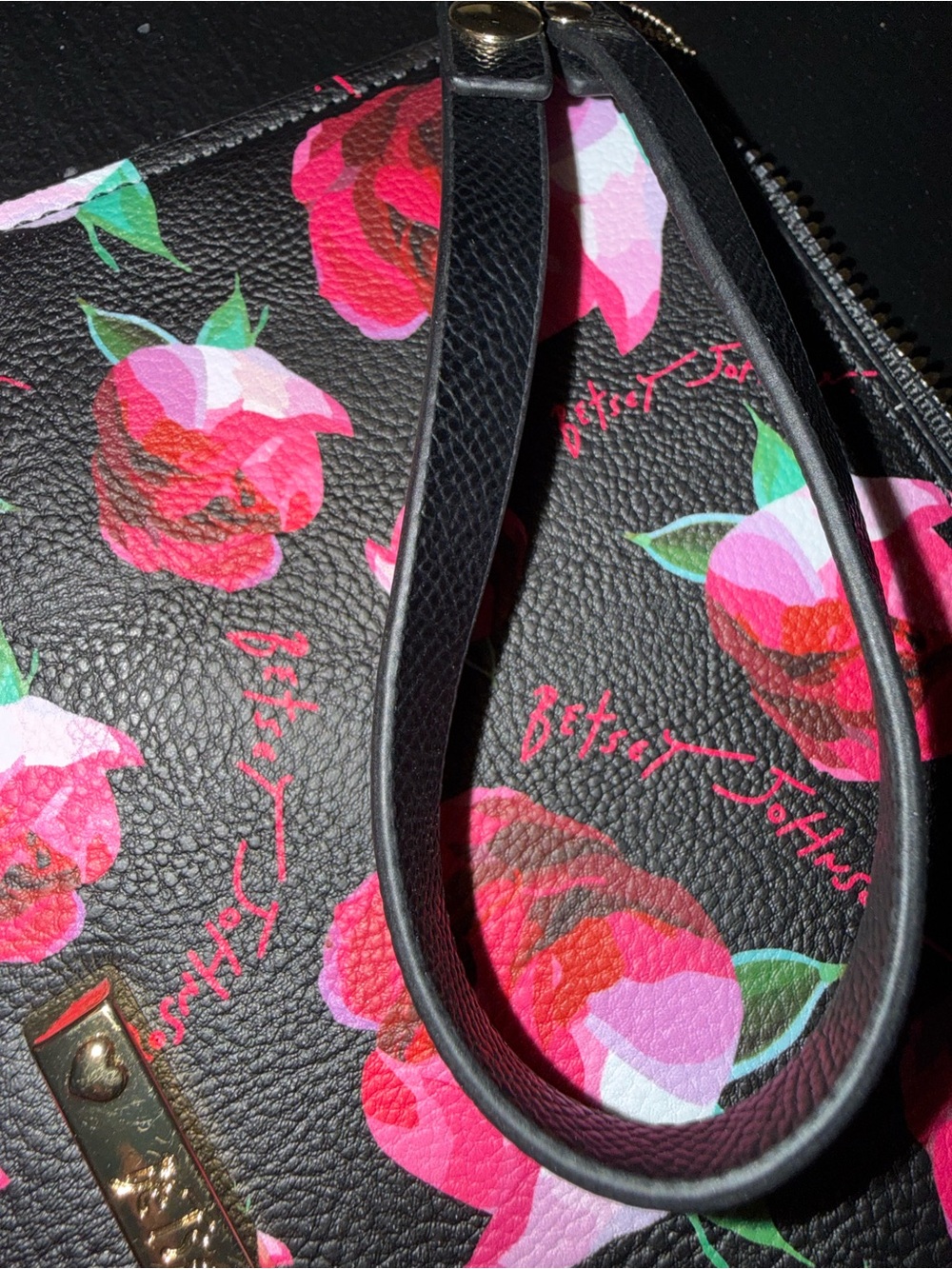 Betsey Johnson Black Wristlet Clutch with Pink Floral Print - Picture 4 of 7